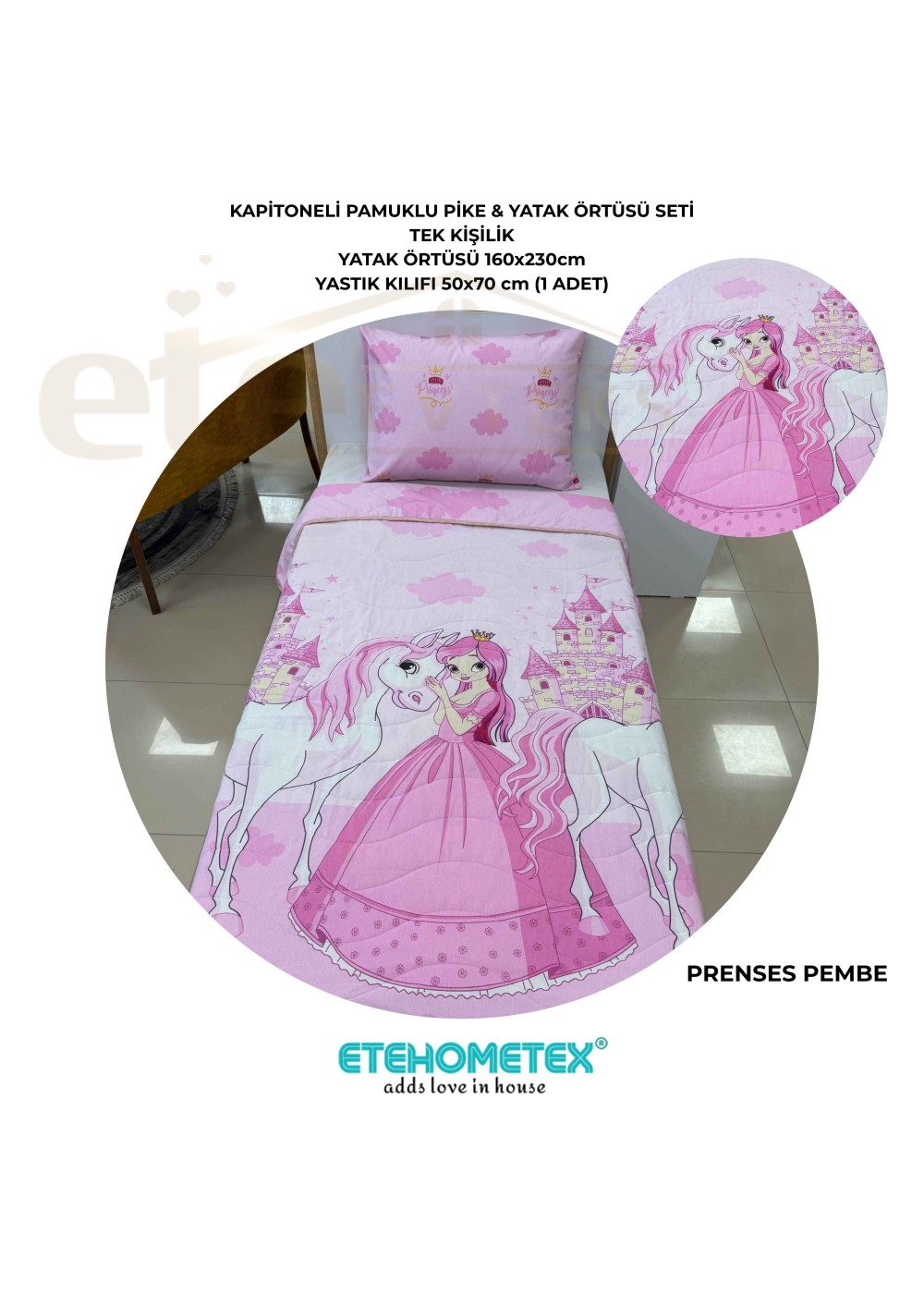 ETEHOMETEX Pamuklu Kapitoneli Yatak Örtüsü Seti TEK KİŞİLİK PRENSES PEMBE 8696474232102